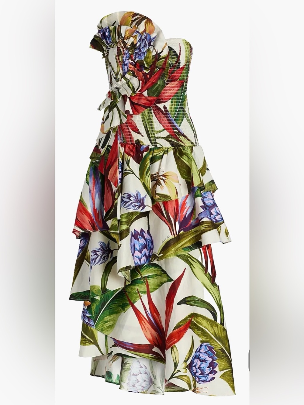 FARM Rio White Multi Tropical Strapless Tiered Maxi Dress